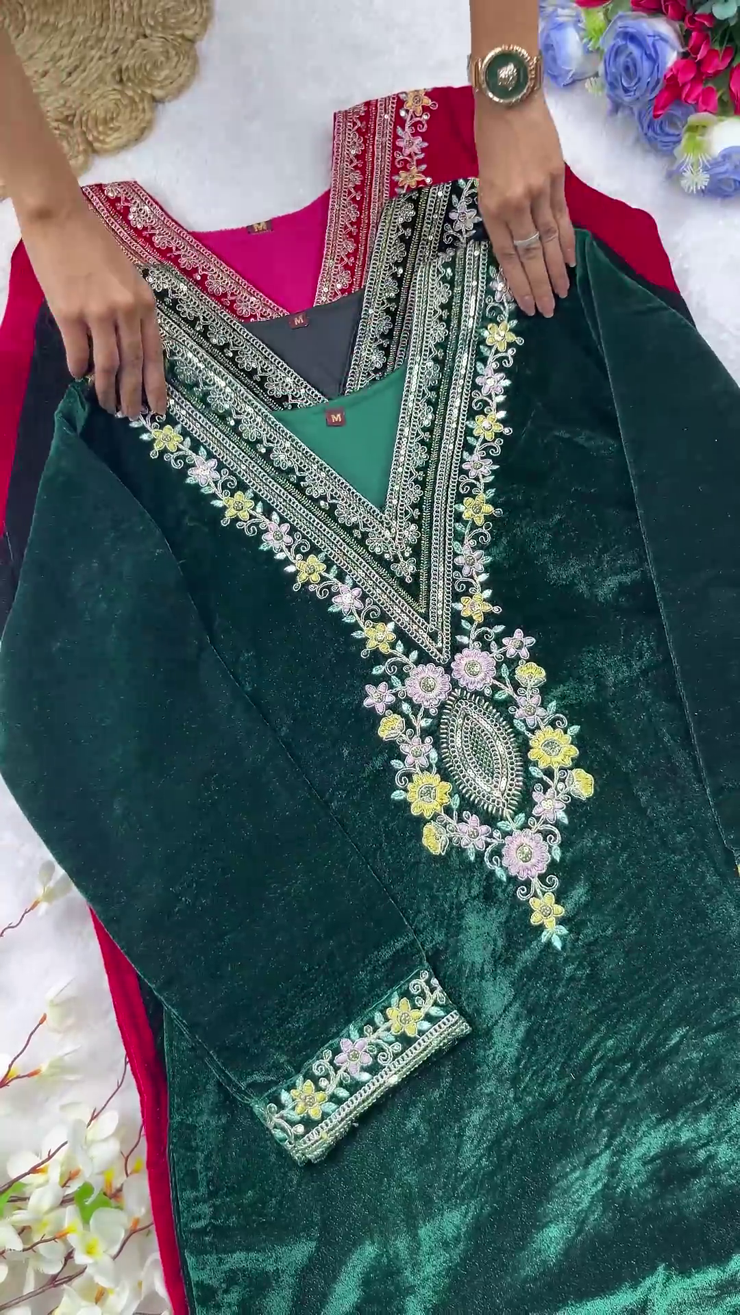 Royal Magenta Velvet Embellished Suit Set - Image 3