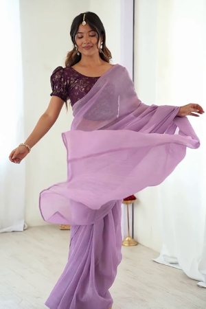 Lavender Chiffon Saree with Wine Puff-Sleeve Brocade Blouse