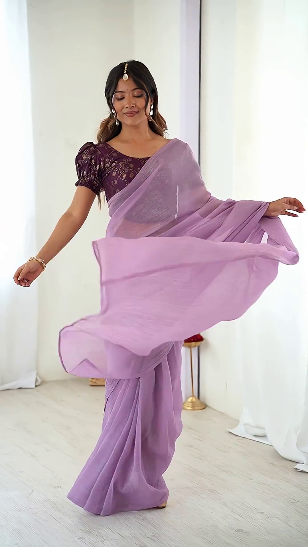 Lavender Chiffon Saree with Wine Puff-Sleeve Brocade Blouse