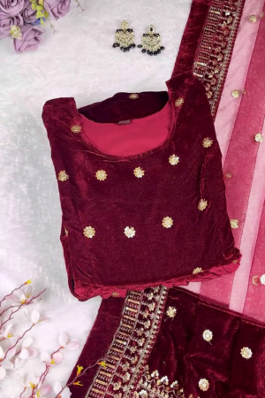 Majestic Ruby Velvet Anarkali with Golden Floral Zari and Sequin Embroidery