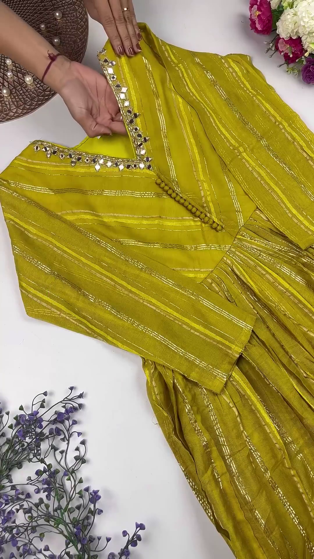 Jewel-Toned Gown with Lurex Stripes and Mirror-Work V-Neck - Image 7