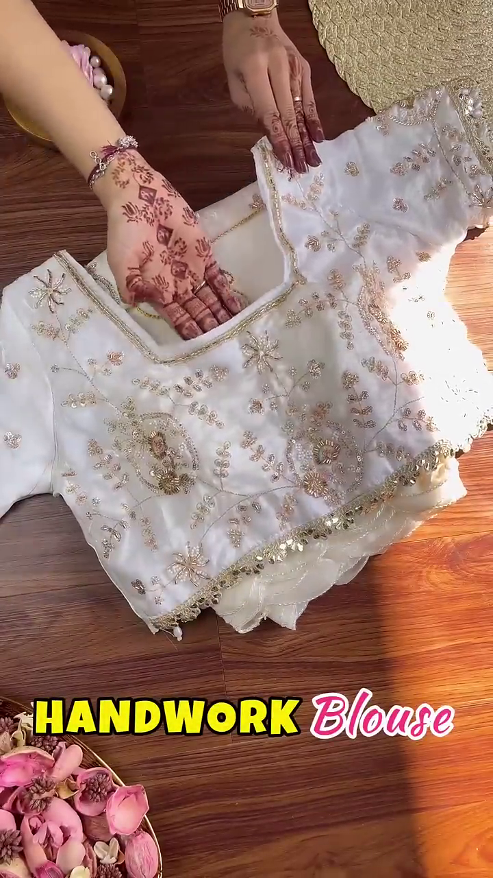 Ivory Organza Blouse with Hand-Embroidered Floral Vines and Pearl Droplets