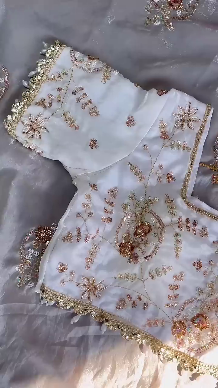 Ivory Organza Blouse with Hand-Embroidered Floral Vines and Pearl Droplets - Image 2