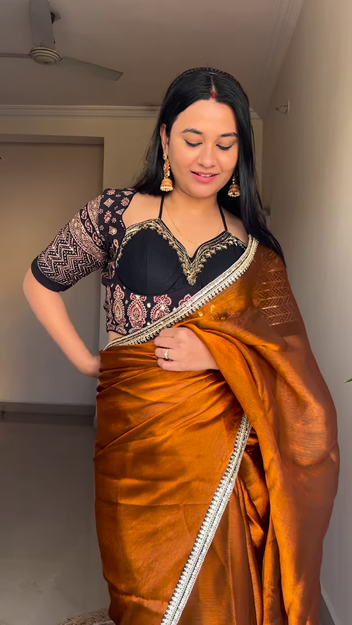 Golden Ochre: Tissue Silk Saree with Fusion Blouse - Image 5
