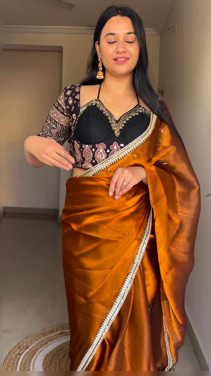 Golden Ochre: Tissue Silk Saree with Fusion Blouse - Image 2