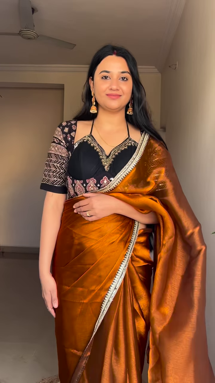 Golden Ochre: Tissue Silk Saree with Fusion Blouse