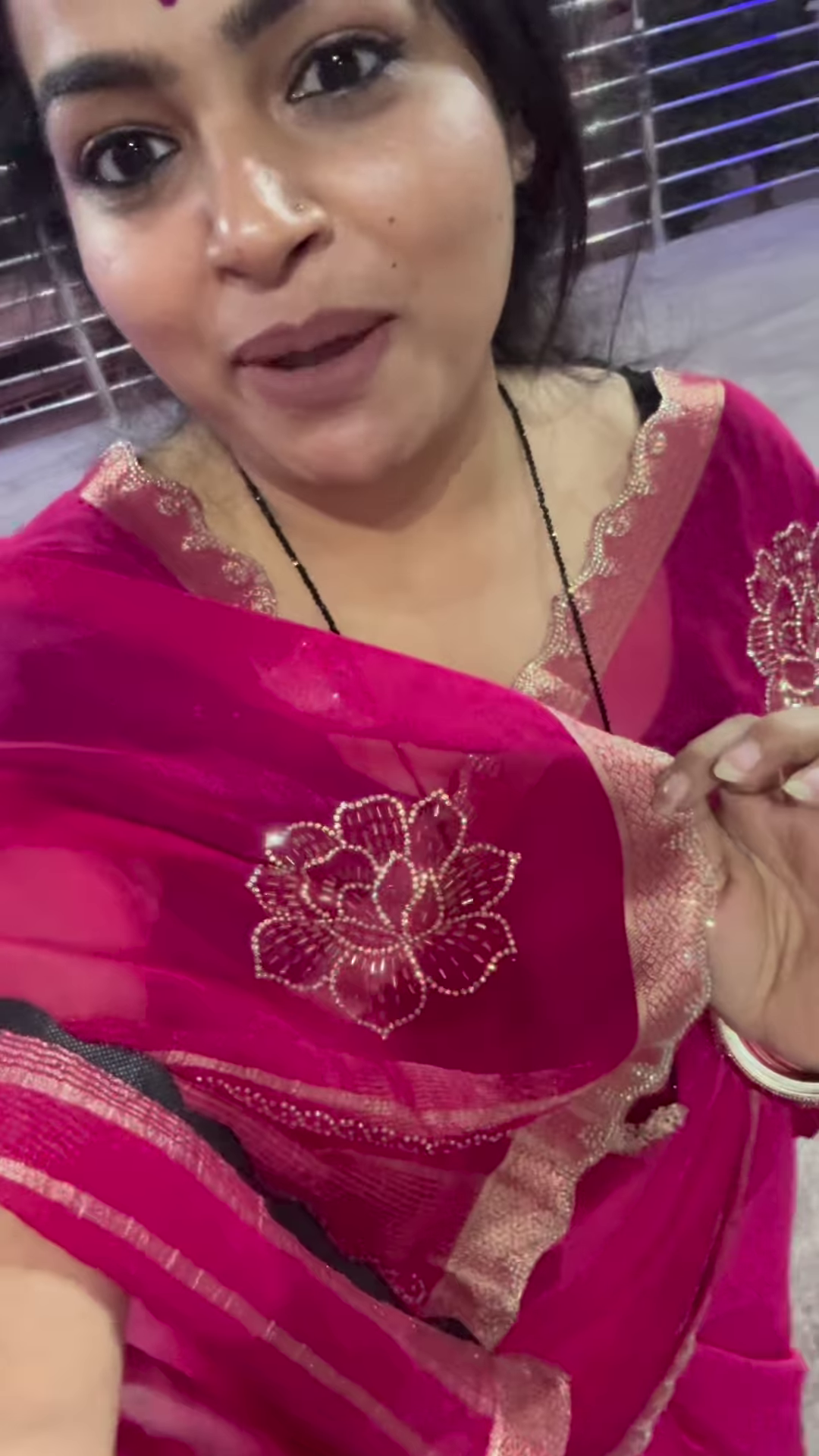 Magenta Bloom: Embroidered Organza Saree - Image 3