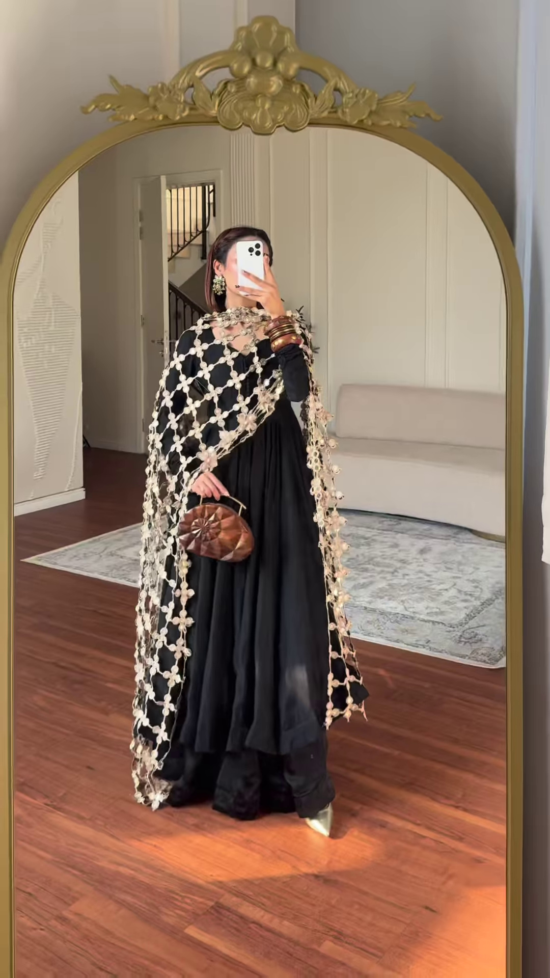 Ebony Elegance: Flared Anarkali with Statement Cutwork Dupatta