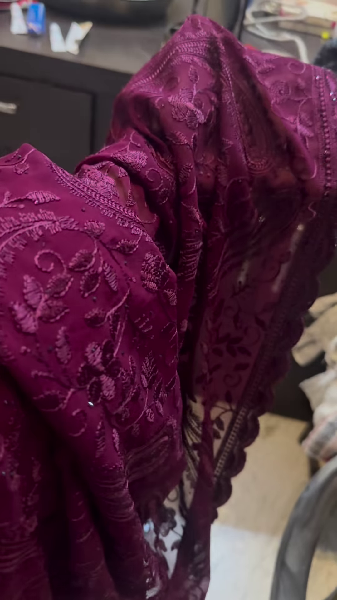 Royal Plum: Intricate Self-Embroidered Ethnic Wrap - Image 2