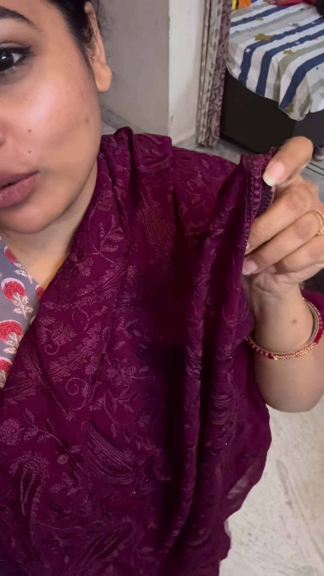 Royal Plum: Intricate Self-Embroidered Ethnic Wrap - Image 3