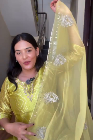 Sun-Kissed Radiance: Bandhani Suit with Peacock Embroidery