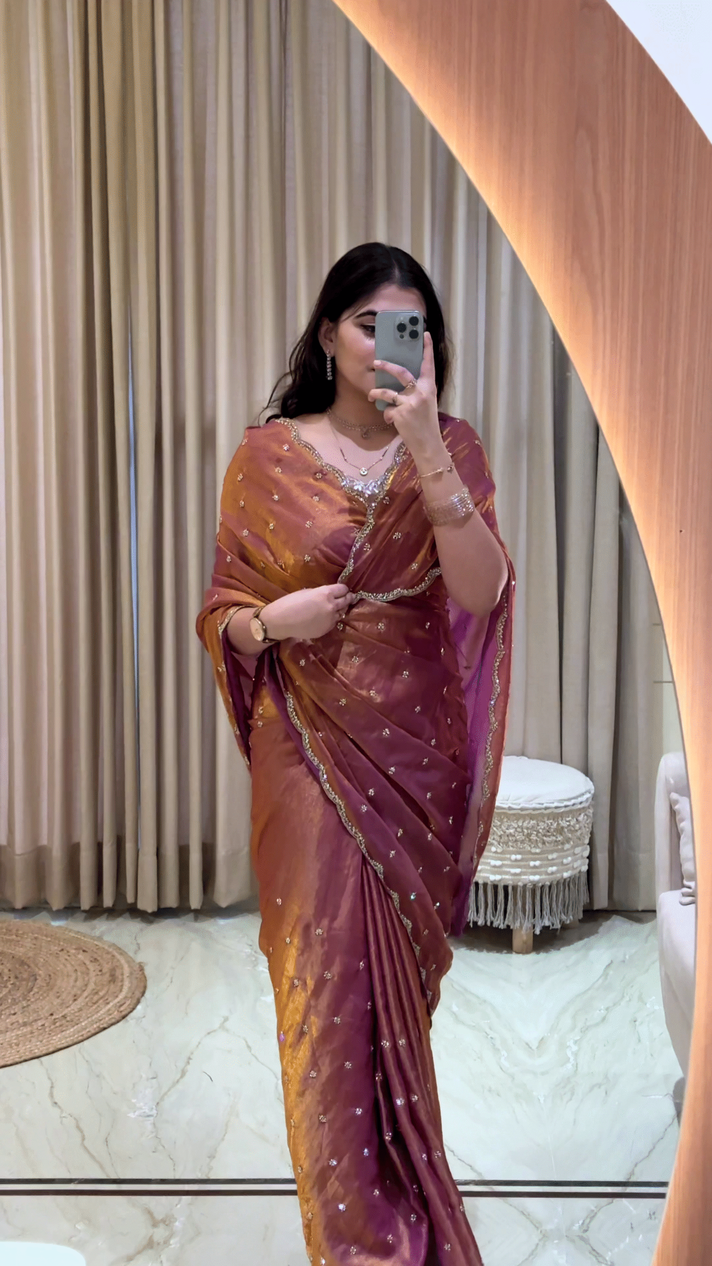 Sunset Copper: Dual-Tone Tissue Silk Saree