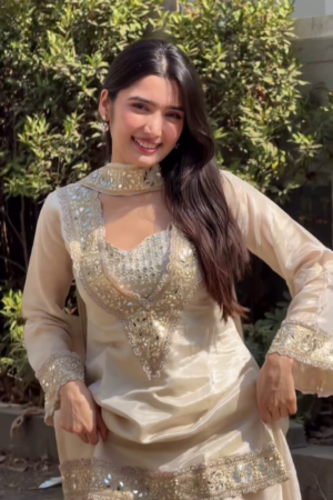 Champagne Elegance: Mirror-Work Silk Sharara Set