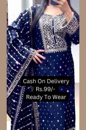 Midnight Blue Silk Suit with Geometric Silver Artistry
