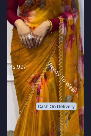 Golden Ochre Floral Saree with Scalloped Zari Trim