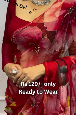 Crimson Bloom Chiffon Saree with Scalloped Gilded Border