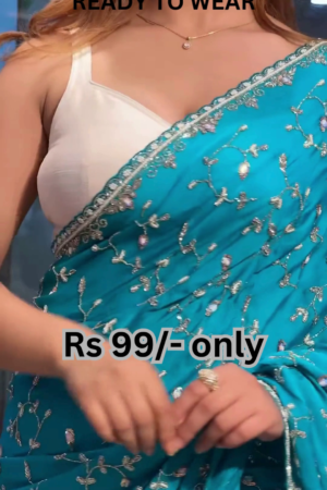 Cerulean Dream: Embroidered Silk Saree with Scalloped Edges