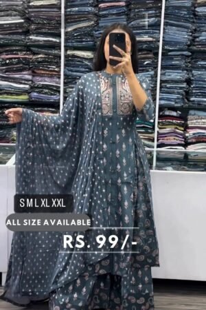Women printed gown with pant and dupatta set