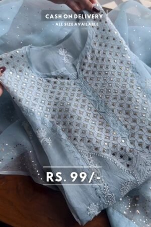 Sky Blue Color Tabby Organza Silk Wear Suit For Girls