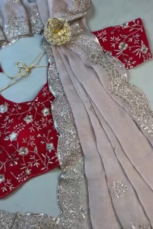 Enchanting Scalloped Organza Saree with Hand-Embroidered Velvet Blouse – Available in Red & Beige