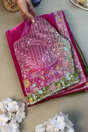 Magenta & Sage Green Floral Embroidered Saree Set β Available in Magenta & Sage Green