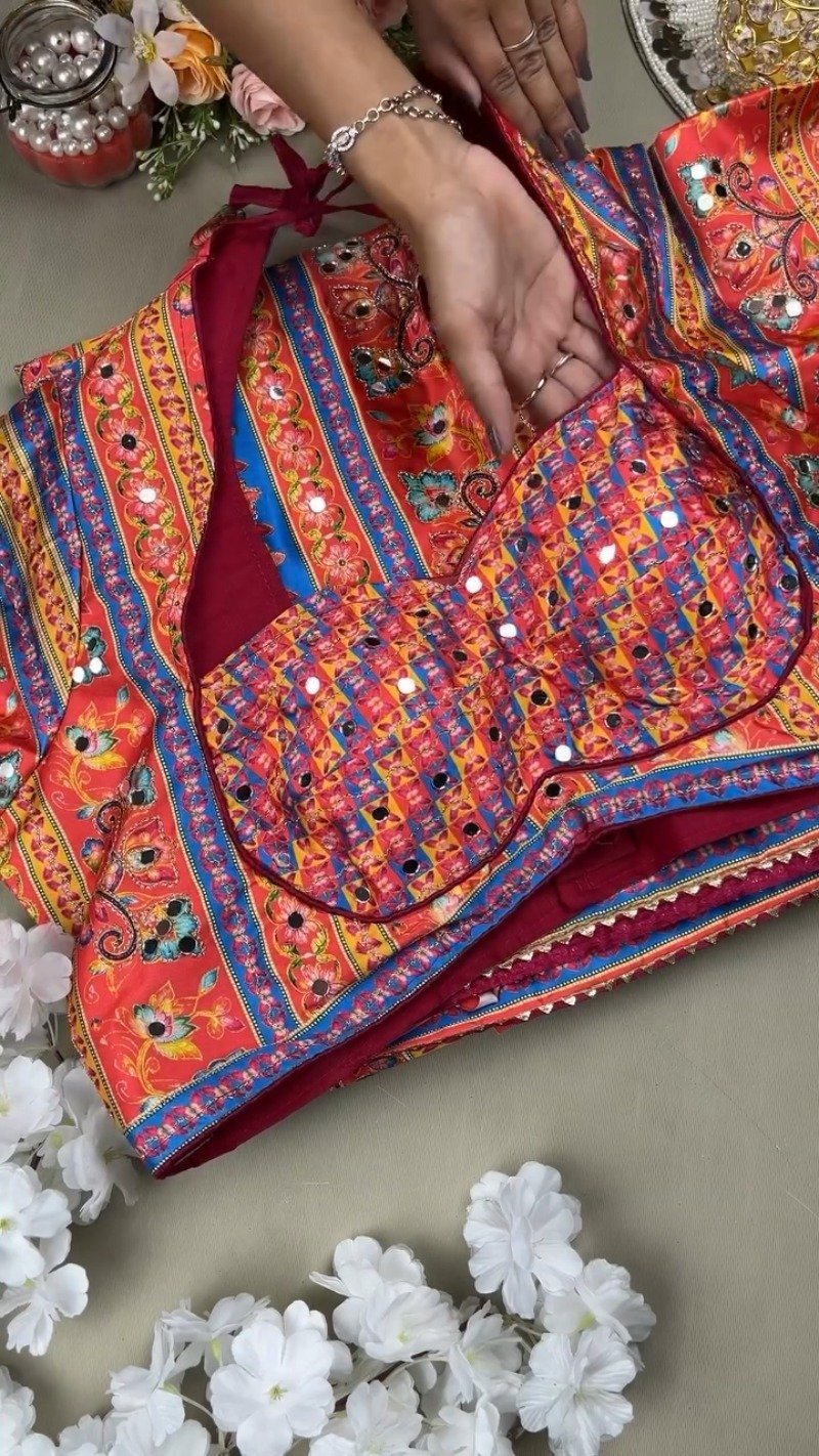 Vibrant Mirror-Embellished Floral Printed Ethnic Ensemble β Available in Radiant Crimson & Soft Blush Pastel