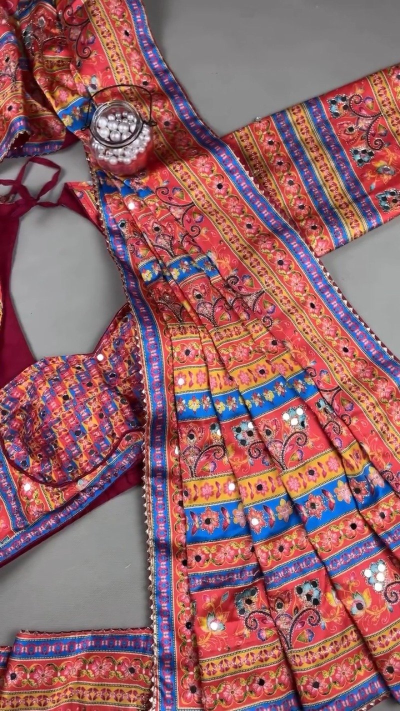 Vibrant Mirror-Embellished Floral Printed Ethnic Ensemble β Available in Radiant Crimson & Soft Blush Pastel - Image 4