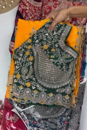 Royal Embroidered Velvet Blouse & Silk Saree Set – Available in Teal, Burgundy & Green