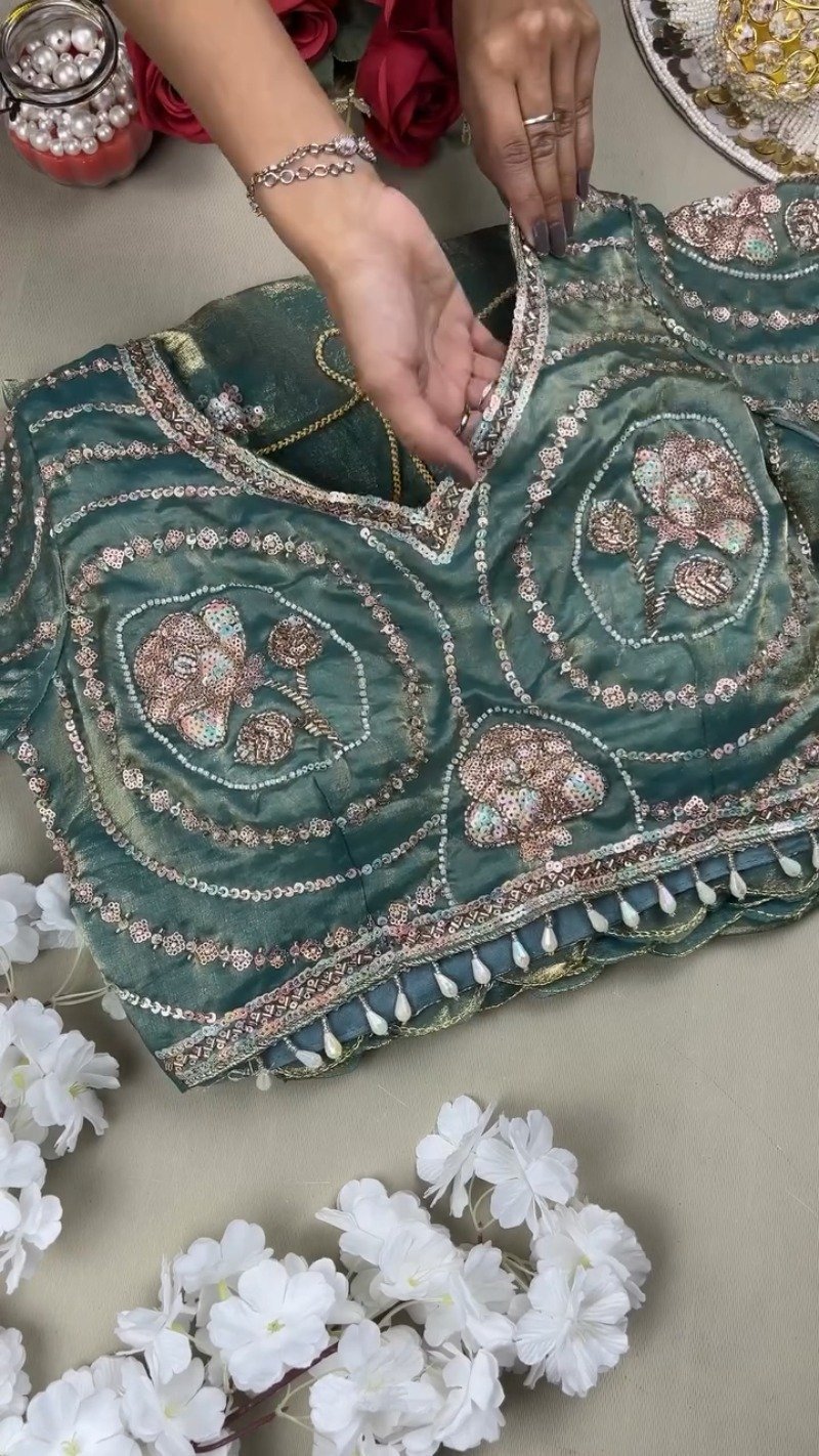 Enchanting Teal Sequined Organza Saree Set with Hand-Embroidered Rose Motifs