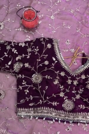 Royal Plum Hand-Embellished Velvet & Organza Saree Ensemble β Available in Plum & Rose Quartz
