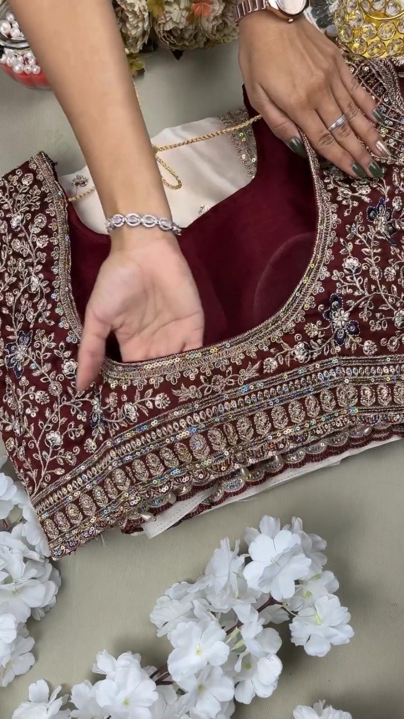 Regal Maroon & White Sequined Embroidered Saree Set β Available in Maroon & White - Image 2