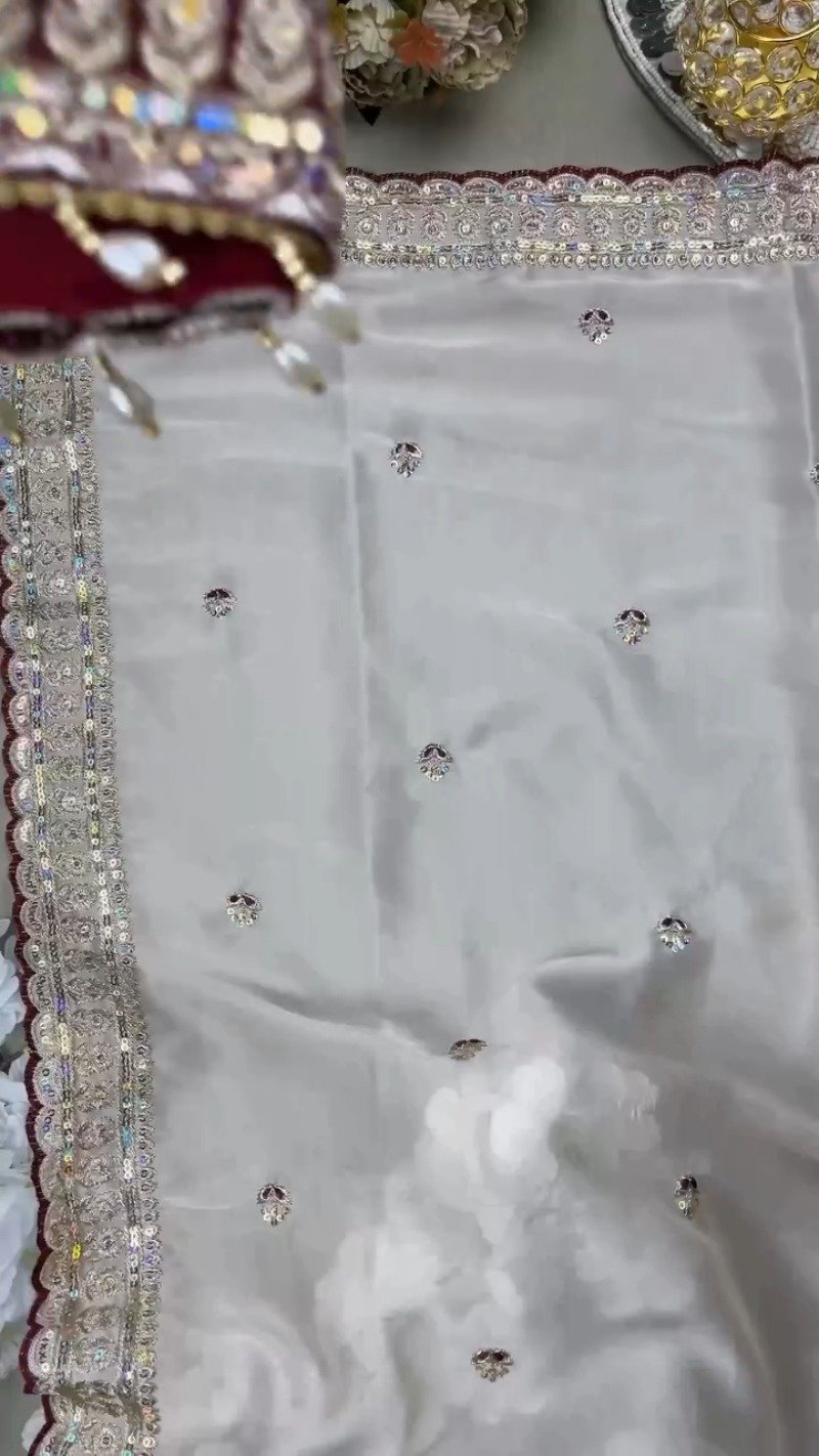 Regal Maroon & White Sequined Embroidered Saree Set β Available in Maroon & White - Image 3