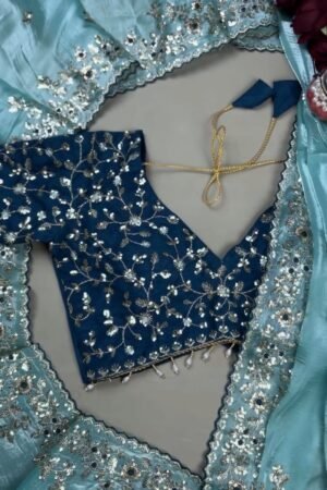 Enchanting Sequin-Embellished Organza Saree & Matching Embroidered Blouse Set – Available in Aqua Blue & Deep Navy