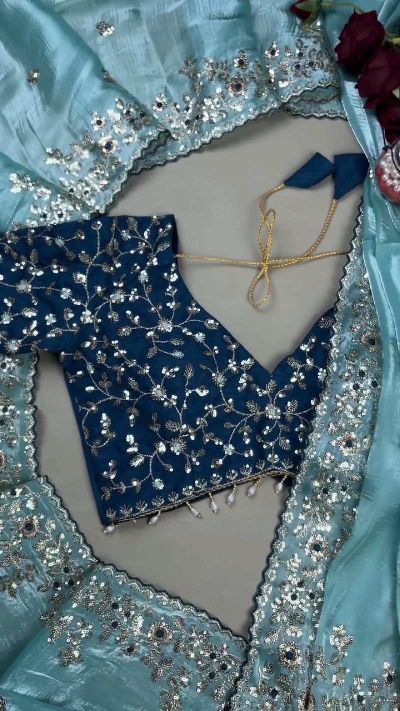 Enchanting Sequin-Embellished Organza Saree & Matching Embroidered Blouse Set โ Available in Aqua Blue & Deep Navy