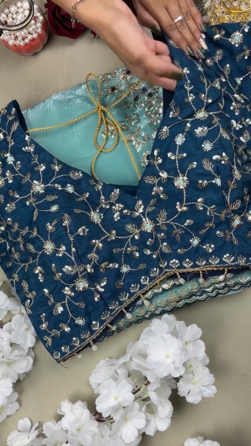 Enchanting Sequin-Embellished Organza Saree & Matching Embroidered Blouse Set โ Available in Aqua Blue & Deep Navy - Image 2