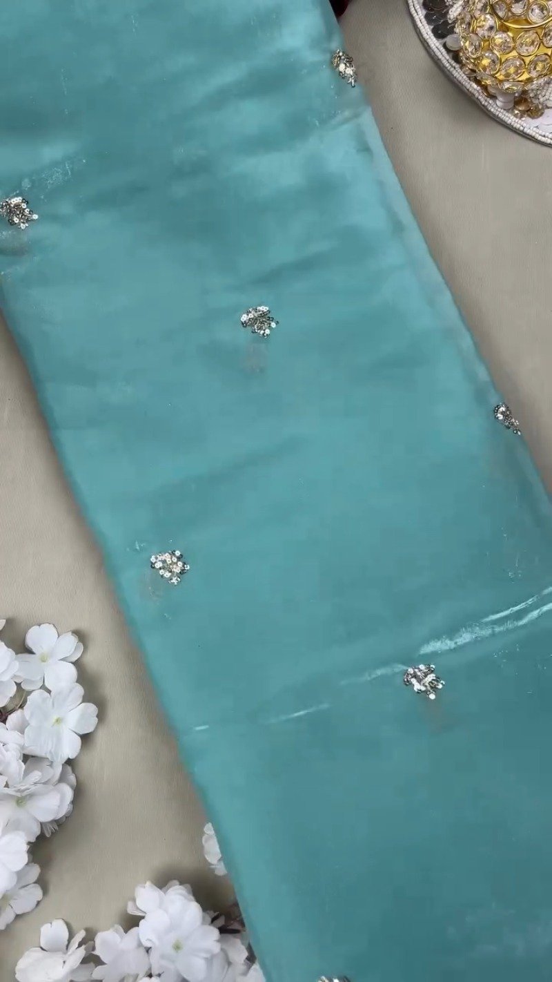 Enchanting Sequin-Embellished Organza Saree & Matching Embroidered Blouse Set โ Available in Aqua Blue & Deep Navy - Image 3