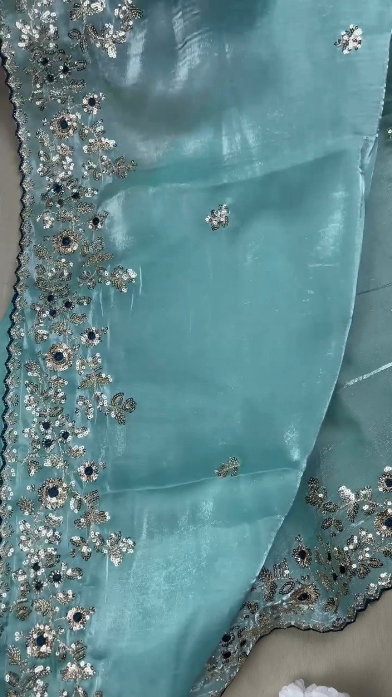 Enchanting Sequin-Embellished Organza Saree & Matching Embroidered Blouse Set โ Available in Aqua Blue & Deep Navy - Image 4