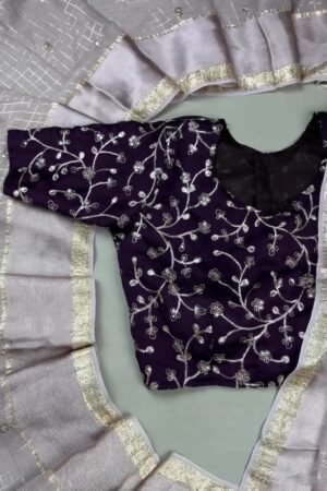 Midnight Plum & Oyster Grey Floral Embroidered Saree Set β Available in Deep Plum & Metallic Grey