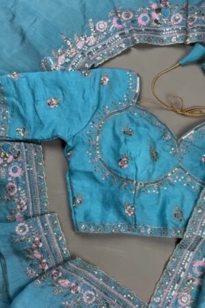 Turquoise Serenity Sequin Embellished Saree and Blouse Set