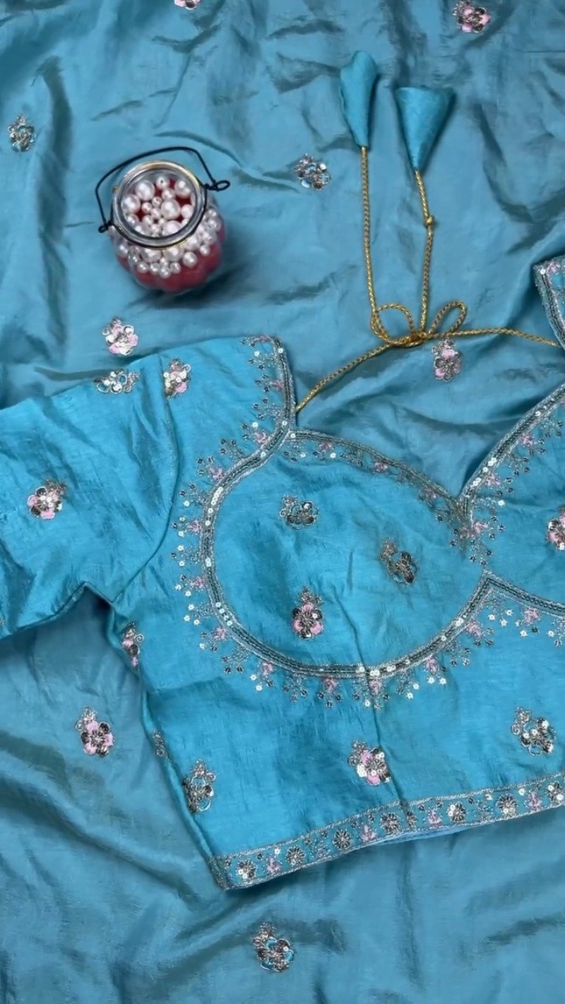Turquoise Serenity Sequin Embellished Saree and Blouse Set - Image 5