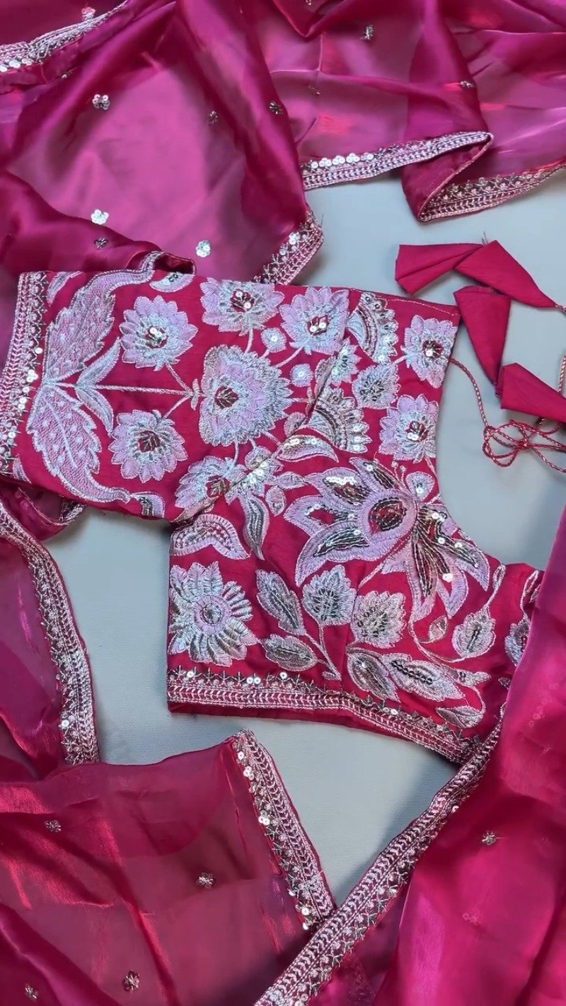 Magenta Floral Embroidered Organza Saree Set with Embellished Blouse