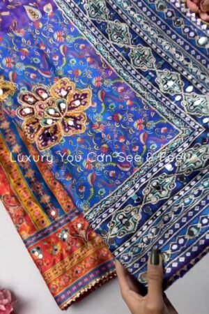 Opulent Mirror-Embellished Patchwork Lehenga Set โ Available in Royal Blue & Sunset Orange
