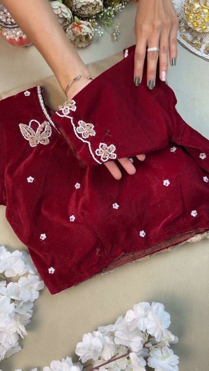 Enchanting Butterfly-Motif Velvet Blouse with Embellished Ruffle Saree β Available in Maroon & Champagne - Image 2