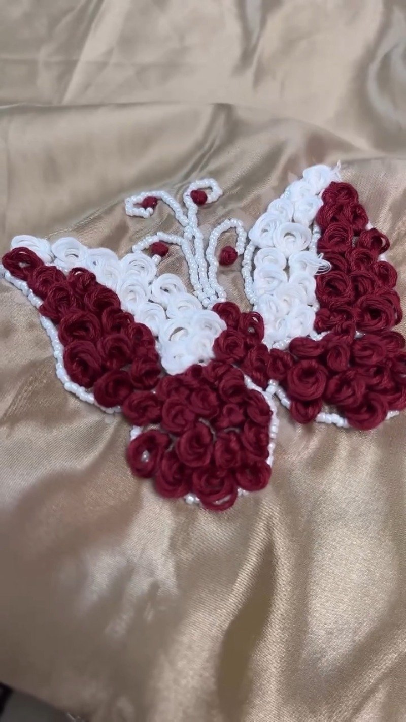 Enchanting Butterfly-Motif Velvet Blouse with Embellished Ruffle Saree β Available in Maroon & Champagne - Image 3