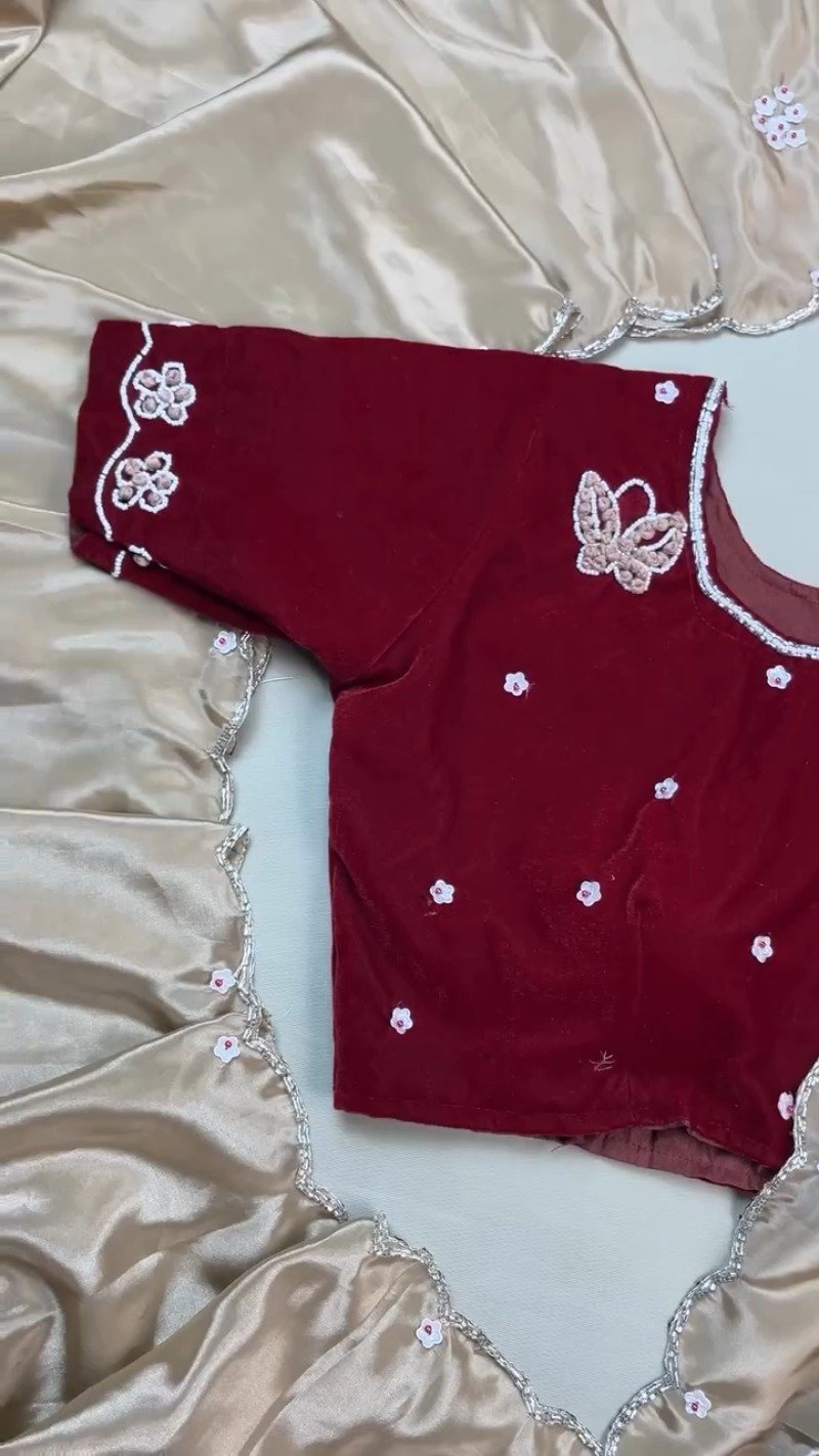Enchanting Butterfly-Motif Velvet Blouse with Embellished Ruffle Saree β Available in Maroon & Champagne - Image 5