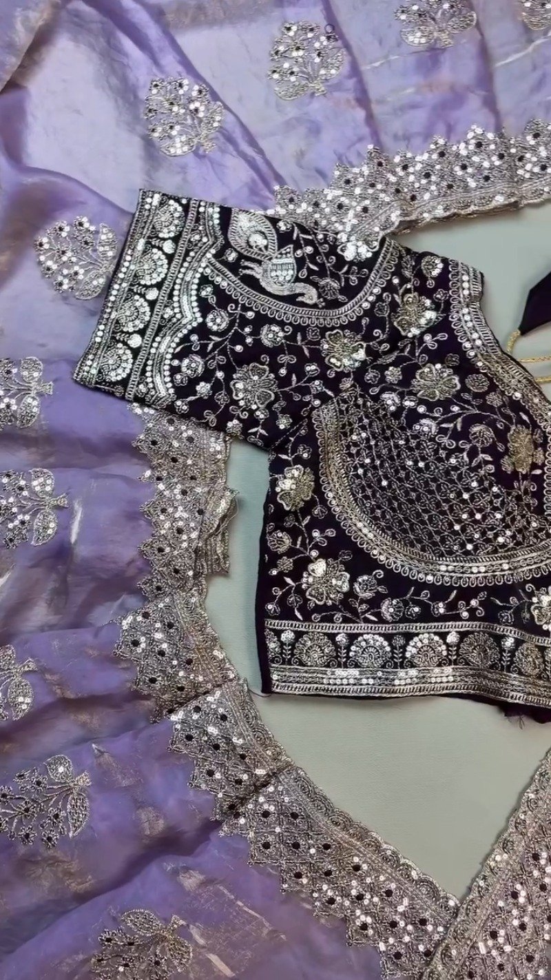 Royal Purple Elegance Embroidered Blouse and Saree Set