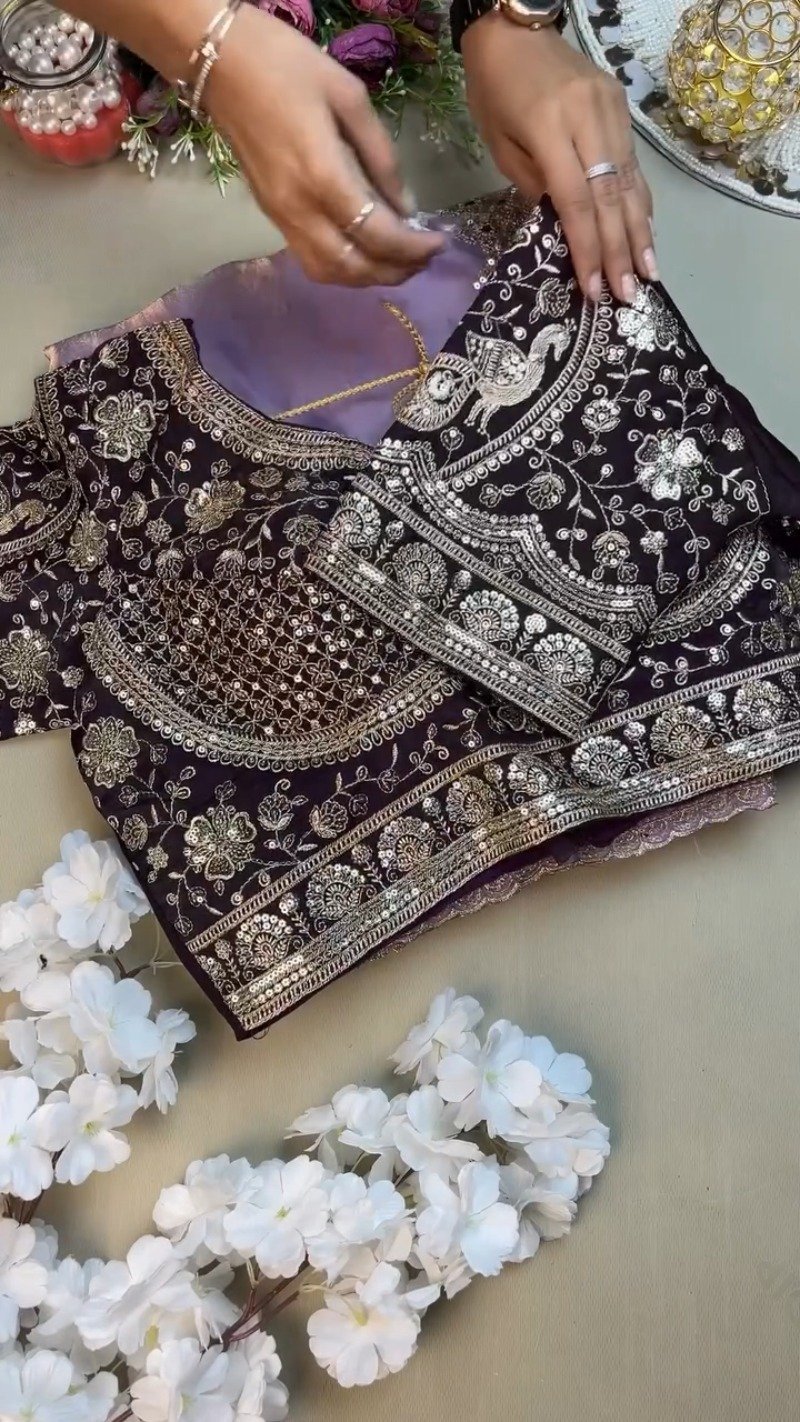 Royal Purple Elegance Embroidered Blouse and Saree Set - Image 2