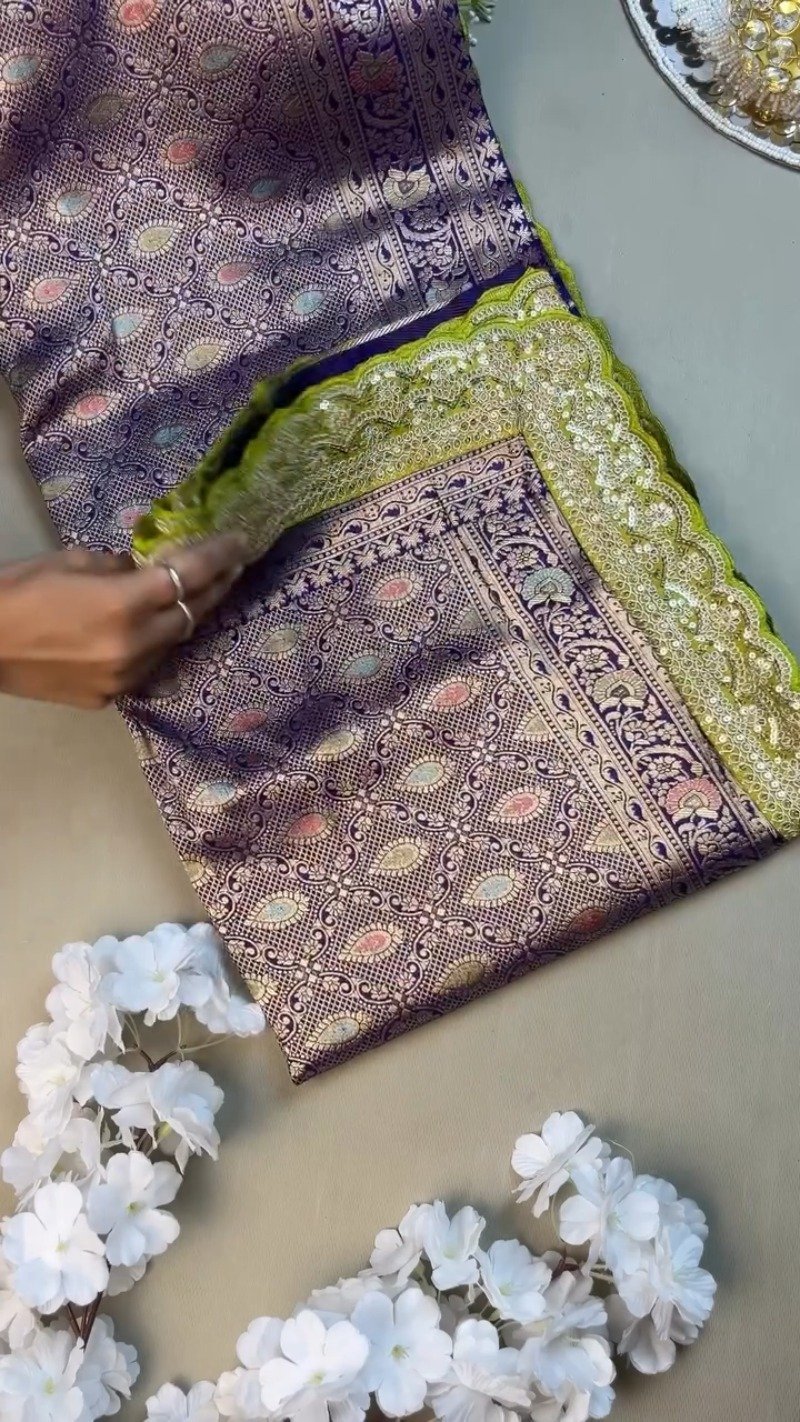 Royal Purple & Lime Green Zari Woven Silk Saree with Scalloped Sequin Border โ Available in Purple & Lime Green