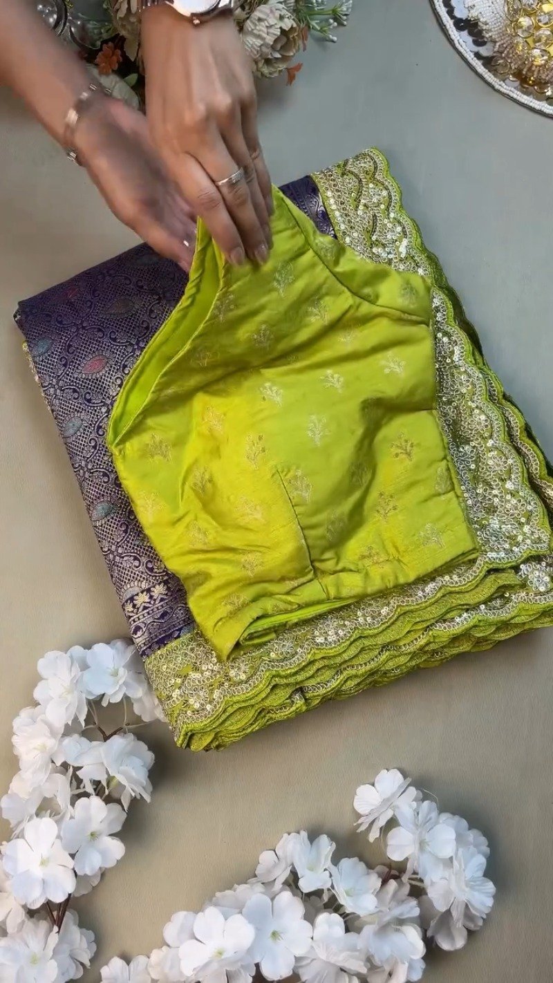 Royal Purple & Lime Green Zari Woven Silk Saree with Scalloped Sequin Border โ Available in Purple & Lime Green - Image 2