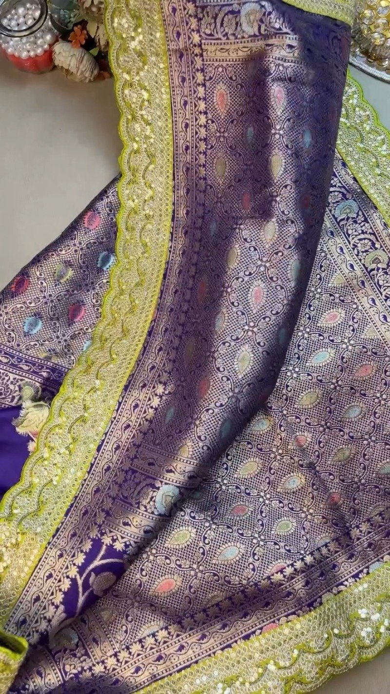 Royal Purple & Lime Green Zari Woven Silk Saree with Scalloped Sequin Border โ Available in Purple & Lime Green - Image 4